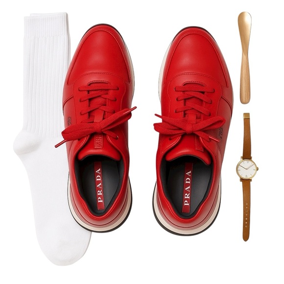 Prada Red Leather Low-Top Designer Sneakers Men’s Size 9 Luxury Italian in EUC